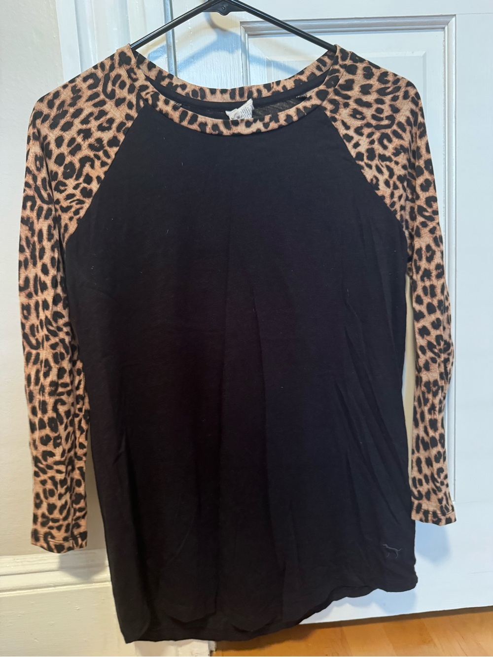 PINK Victoria's Secret Black Raglan Top with Leopard-Print Sleeves